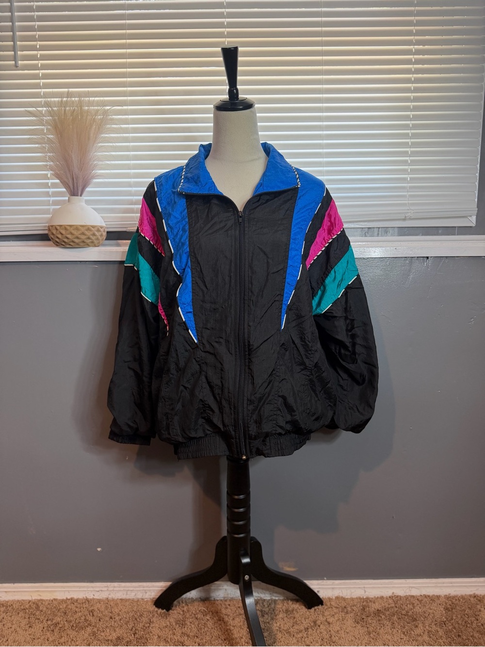 Black Bomber Jacket with Blue, Teal & Pink Panels - Picture 4 of 8